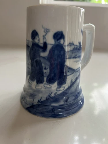 VINTAGE DELFT BLUE 5" MUG STEIN HANDPAINTED BOYS WINDMILL