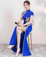 Chinese Style Mandarin Collar Embroidery split Cheongsam Elegant Evening Dresses