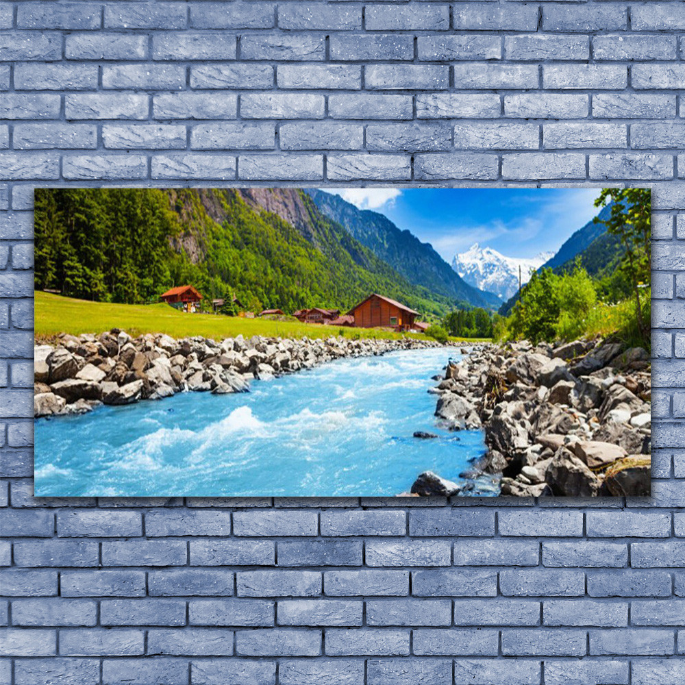 Impression sur toile haut de gamme montagnes et pierres de lac tableau déco de salon 140x70