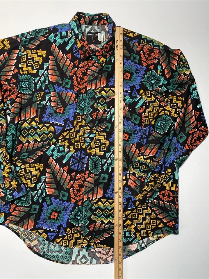 Винтажная мужская рубашка вестерн Frontier Series Aztec AOP XL 90-е черная на пуговицах - Изображение 4 из 4