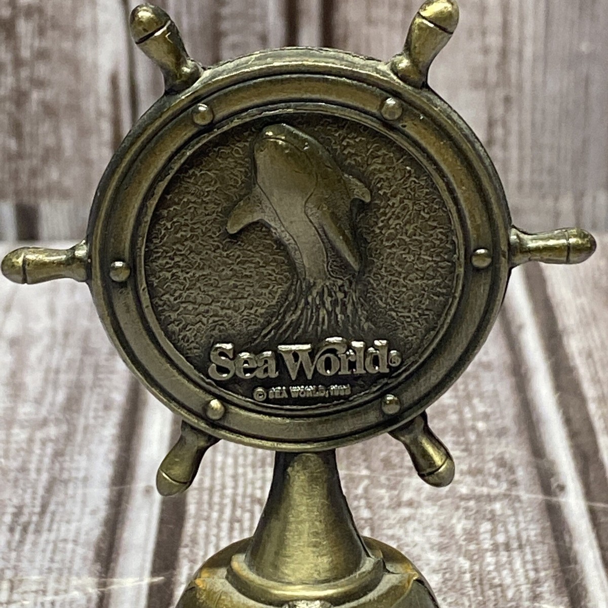 Vintage 1985 SeaWorld Pewter Bell Ship's Wheel Navy Sea World Orca