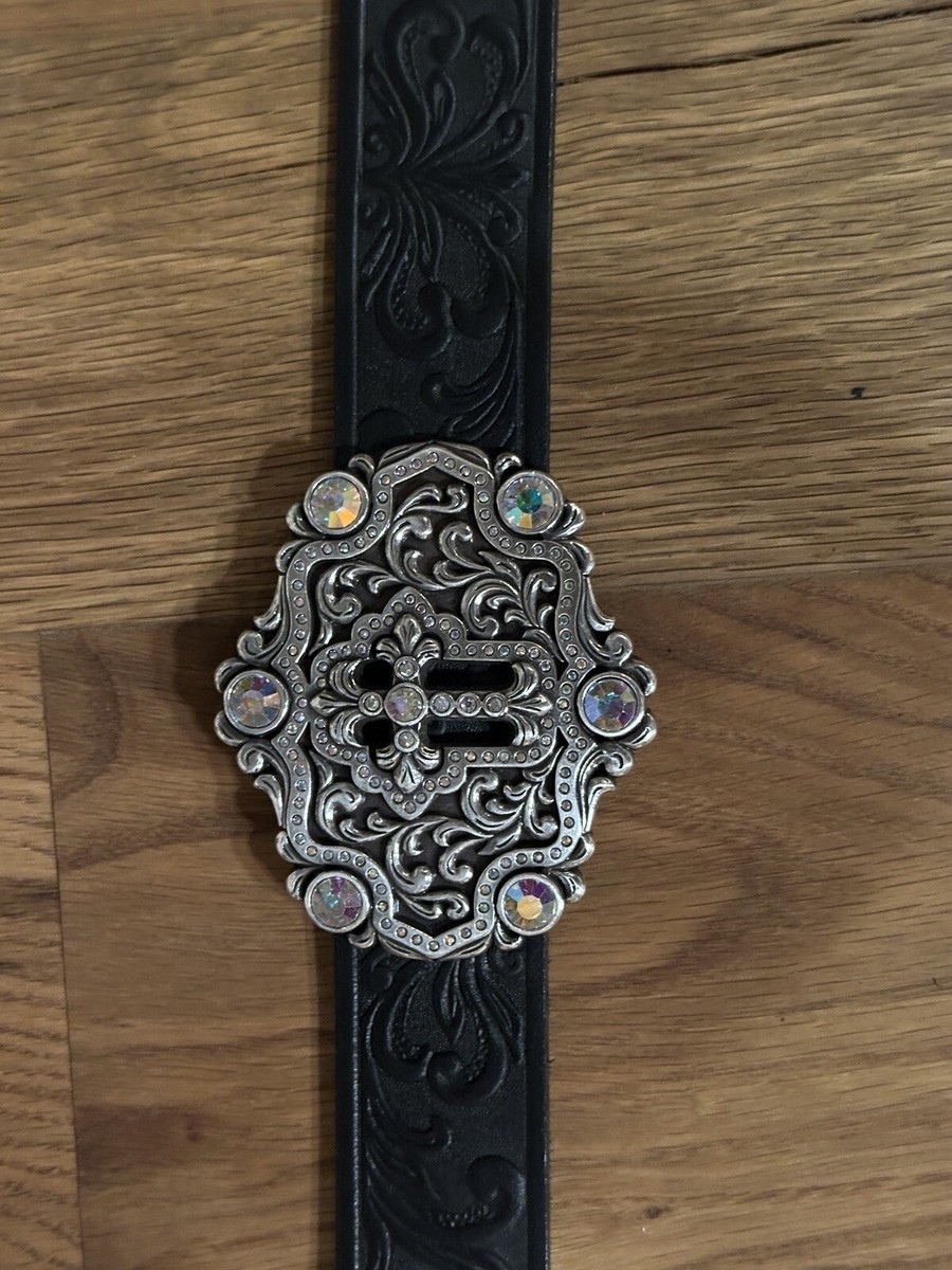 Tony Lama Swarovski Crystal Concho Cross Black Tooled Leather Belt Sz. 36 TONY LAMA SWAROVSKI CRYSTAL CONCHO CROSS LEATHER TOOLED BELT  main image 4