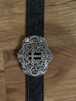 TONY LAMA Studded Leather Belt Sz 36 Swarovski Crystal Buckle Hearts Rhinestones Tony Lama Black Leather Belt 36 Womens Swarovski Buckle  main image 3