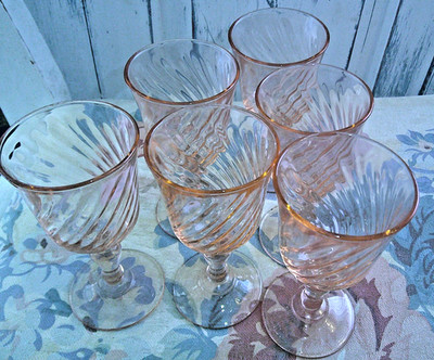 6 LUMINARC ARCOROC ROSALINE PINK SWIRL 3 7/8'' SHERRY CORDIAL GLASS GOBLETS 