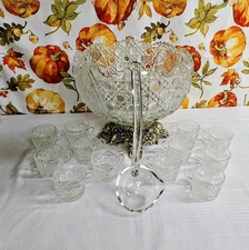 L E Smith Glass Daisy and Button Punch Bowl, Silver Stand, 12 Cups, Glass Ladle
