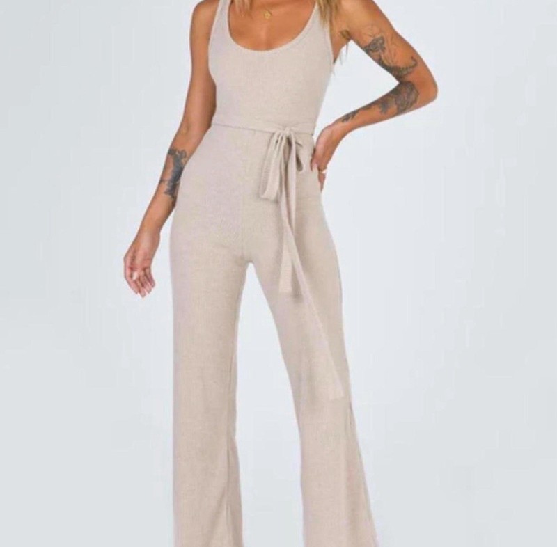 PRINCESS POLLY Flare Leg Tan Khaki Knit Jumpsuit w/ Tie Waist Sleeveless SIZE 4