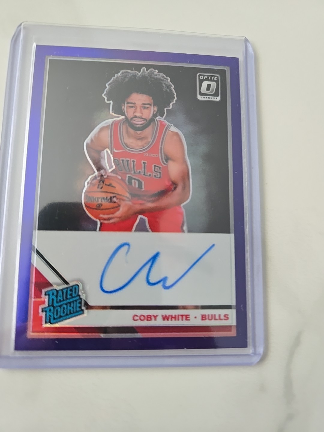 2019-20 Panini Donruss Optic - Rated Rookie Coby White #180 Purple Vy Prizm Sign