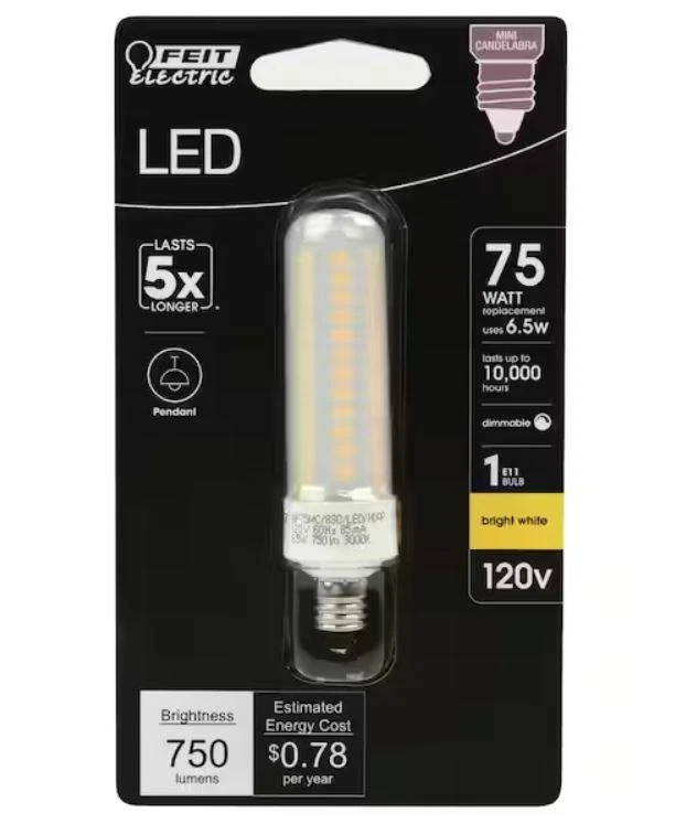 Feit Electric 75-Watt Equivalent Bright White (3000K) T4 Mini Candelabra E11 - Image 2 of 2