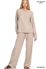 Zenana Soft Melange Hacci Long Slv Tee  Pants Set