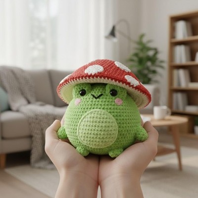 Cute Handmade Mushroom Frog Crochet Plush Amigurumi Toy Green Frog Doll Toy