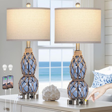 Coastal Touch Table Lamps Set of 2 with USB Ports  AC Outlet, 3-Way Dimmable
