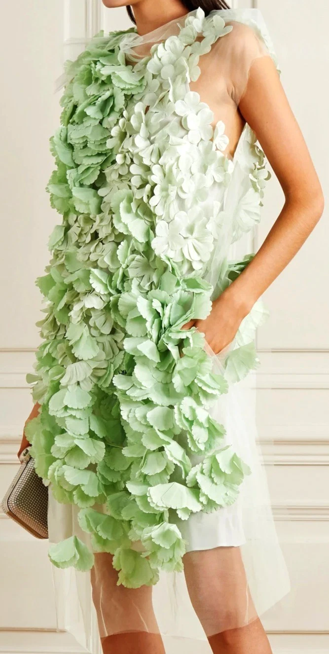 Stella McCartney — Stella McCartney Runway Floral Applique Green Tulle Cocktail Dress US 0 2 IT 36