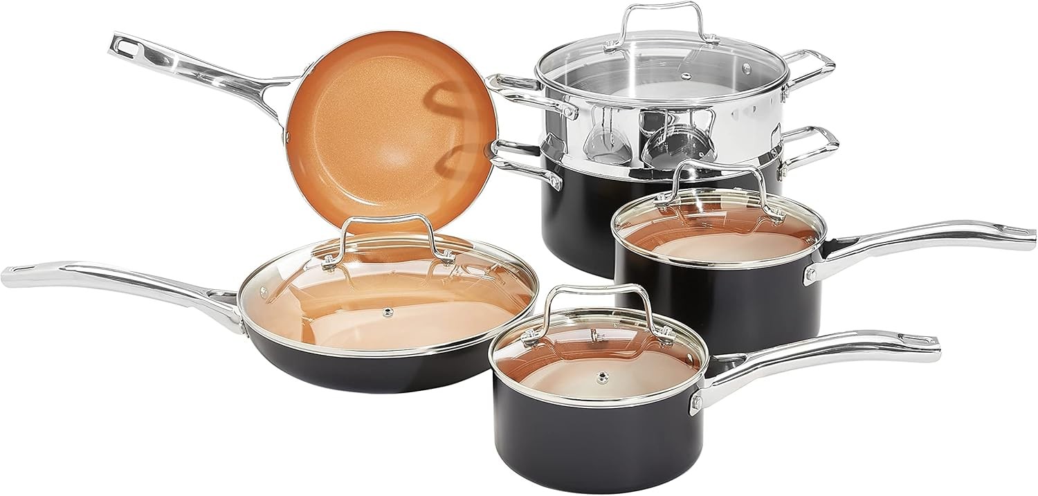 Amazon Basics 10-Piece Brown Ceramic Nonstick Cookware Set  