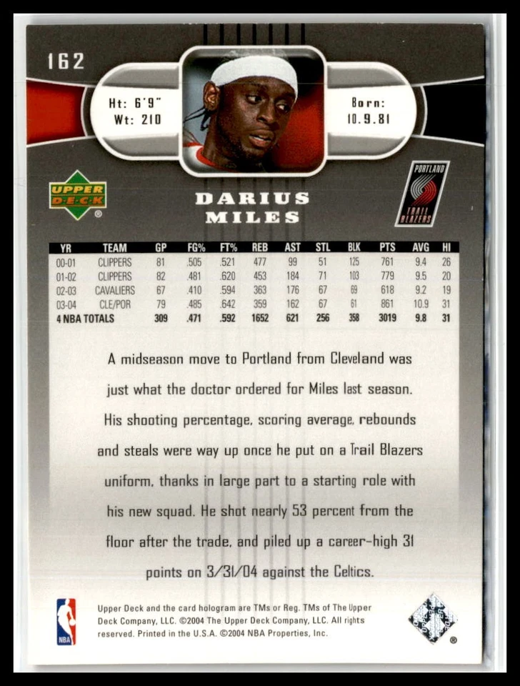Darius Miles 2004-05 Upper Deck #162 Portland Trail Blazers - Image 2 of 2