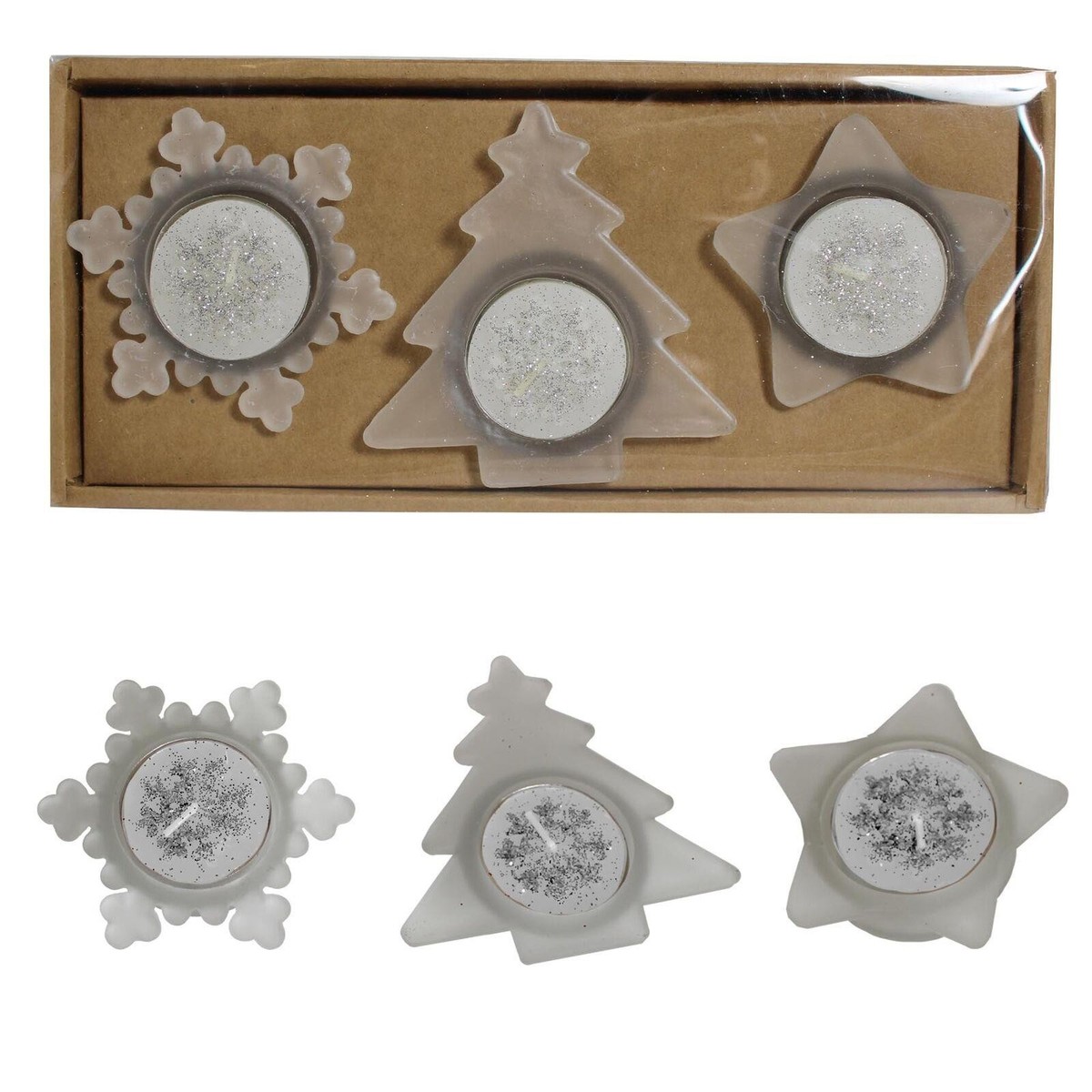 Christmas Tealight Candles & Holder Set - Tree Star & Snowflake