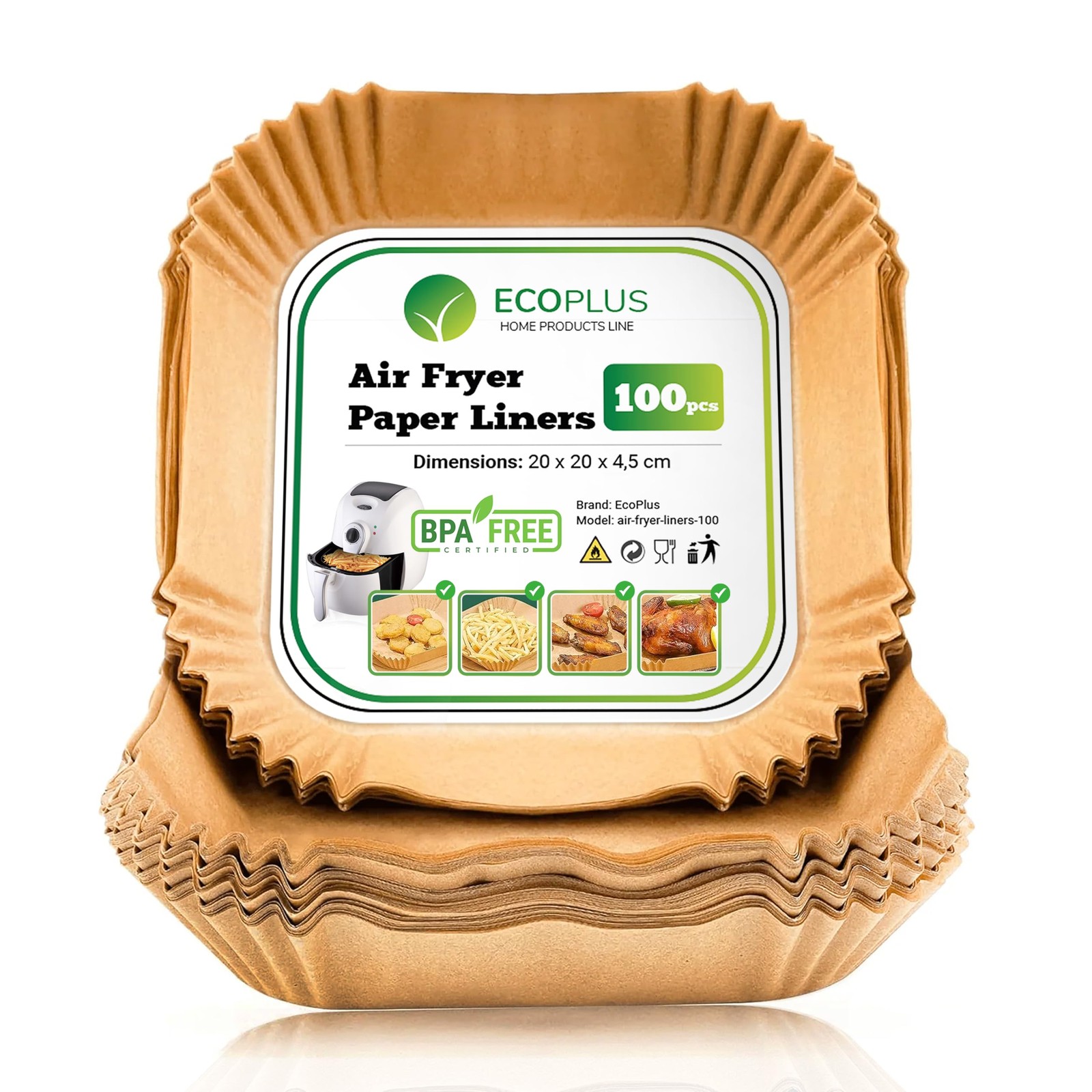 ECOPLUS Carta forno Quadrata per friggitrice ad aria 100 pezzi BPA Free 20 cm x