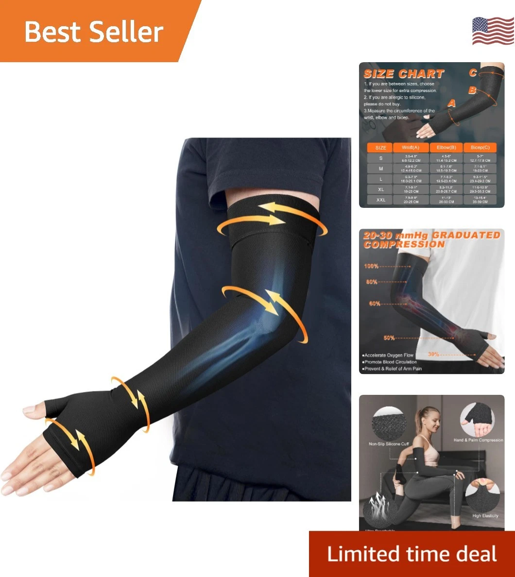 Extra-Long Compression Arm Sleeve with Anti-Slip Gauntlet for Active Recovery