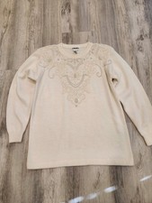 Vintage 80s Alfred Dunner Ladies Sweater Ivory Sequin Beaded Iridescent Medium