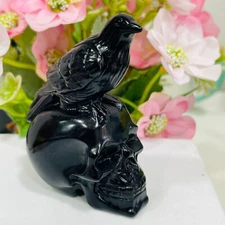 Natural Obsidian Raven Skull Quartz Crystal Carved Halloween Reiki Healing 1pc
