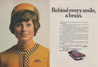 1969 Hertz Rent A Car - Ford - Behind Pretty Face Brain - 2 Page Print Ad Photo