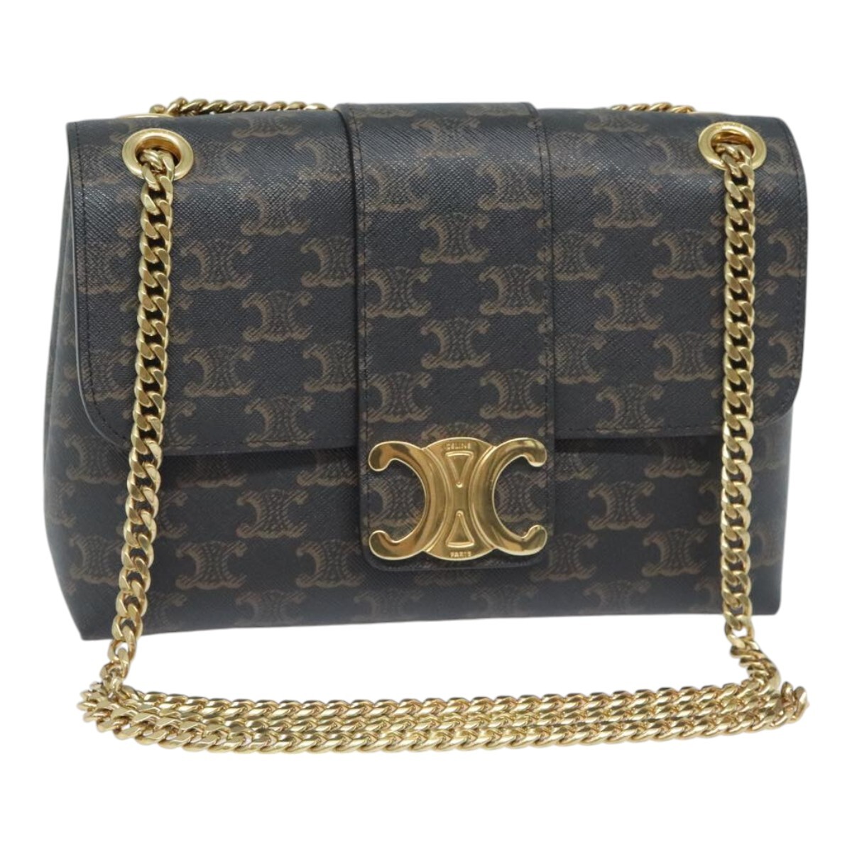 CELINE Triomphe Chain Shoulder Bag PVC Black Gold Auth CELINE Triomphe Chain Shoulder Bag PVC Black Gold Auth