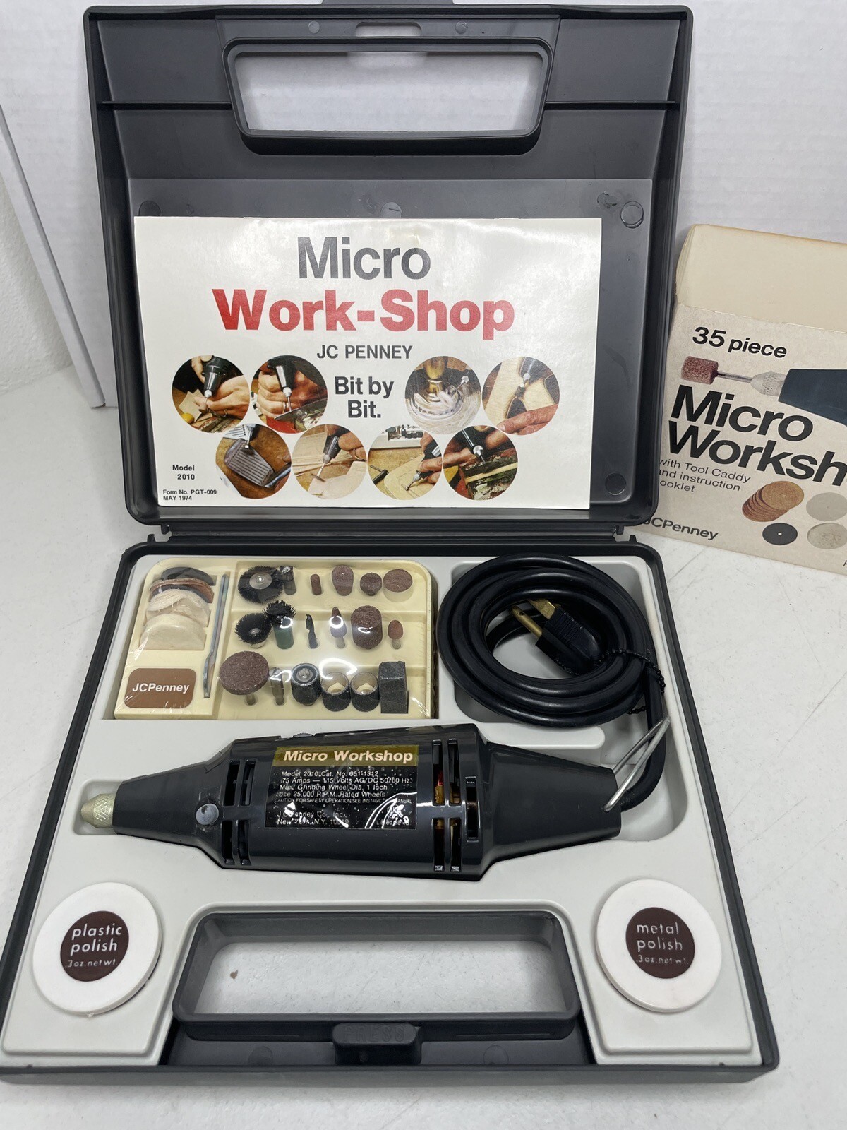 NOS J.C Penny Micro Workshop 35 Pc Drill Set Sharpens, Grinds, FACTORY SEALED!