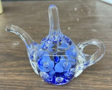 Vintage BOB St. Clair Blue Floral Blown Art Glass Teapot Paperweight Ring Holder