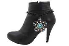 Women Black Metal Chain Boot Western Bracelet Shoe Flower Charm Birthday Party