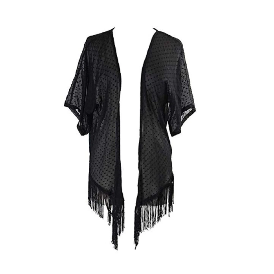 Cubierta de flecos de punto suizo liso Cejon en negro, venta al por menor $38,00 Foto 2 de 4