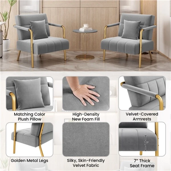 Poltrona de veludo oversized 30′′ W com estrutura de metal dourada, cinza claro - Imagem 4 de 4