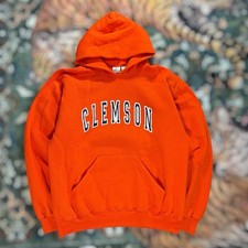 Vintage 90s Clemson University Hoodie Fleece Pullover Orange Graphic Large