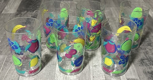Vintage 80s 99’s S/6 Plastic Fruit Drinking Cups Summer Outdoor W17 - Picture 1 of 3