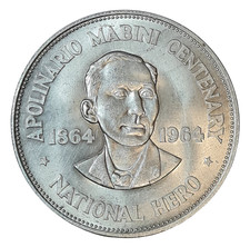 PHILIPPINEN PHILIPPINES 1 PESO 1964 100. GEBURTSTAG MABINI SILBER UNC.