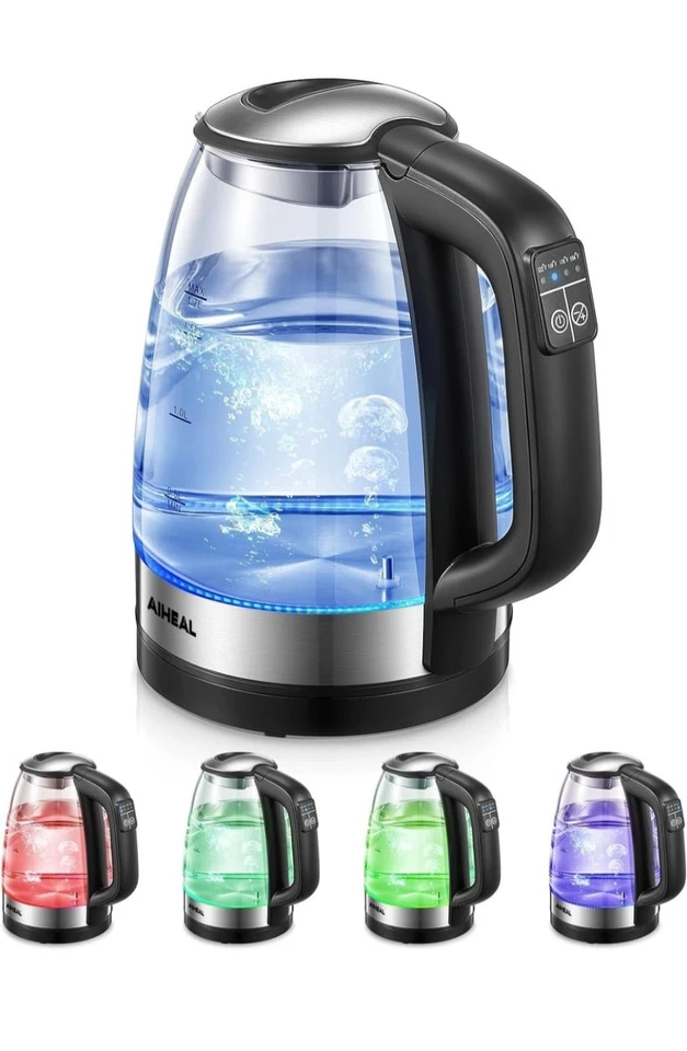 Hervidor eléctrico de vidrio 1,7 L, caldera de agua caliente con 1500 W de ebullición rápida/5 ajustes preestablecidos Foto 2 de 4