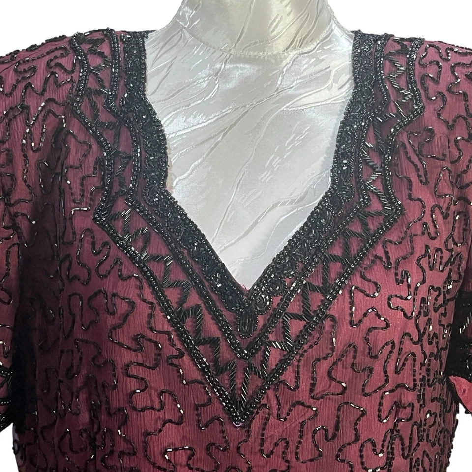 Vintage Women's XL Black Beaded Silk Top Red Top Short Sleeve Cocktail Elegant - Image 3 of 4
