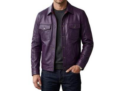 Men's Genuine Lambskin Leather Purple Trucker Shirt Collar Casual Moto Jacket