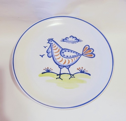 Cake Plate CHICKEN Design Pedestal Pottery Americana Stoneware 10.25" Blue White - Picture 1 of 9