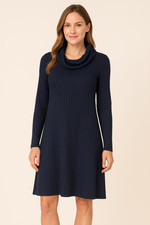 Michael Stars Womens Sz L Cowl Neck Rib Knit Long Sleeve Dress Navy Blue Stretch