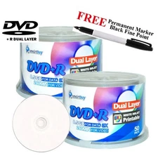 100 Smartbuy DVD+R DL 8X 8.5GB White Inkjet Printable Disc + Black Fine Marker