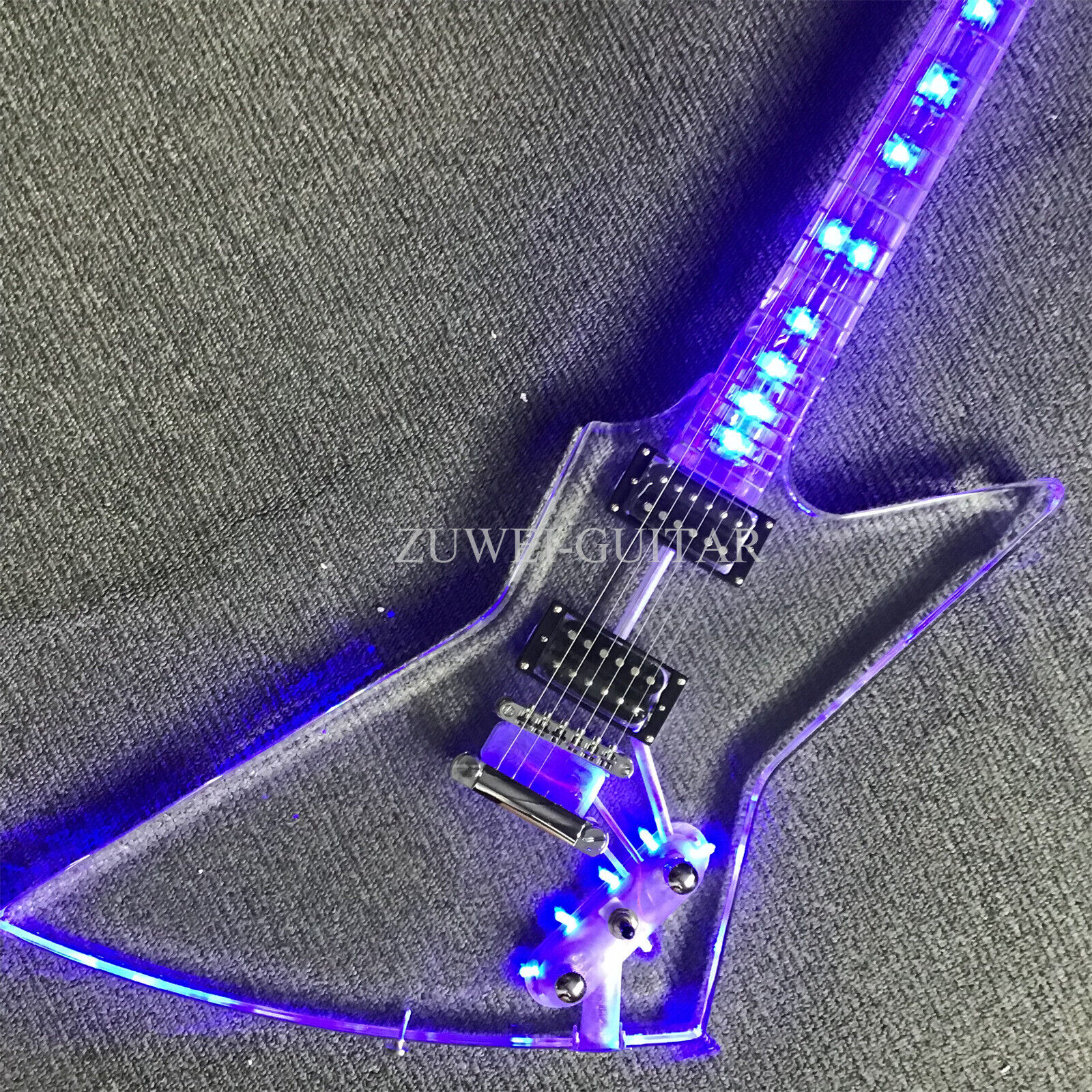 Full Acrylic Crystal Electric Guitar Explorer Blue LED Light Chrome Hardware