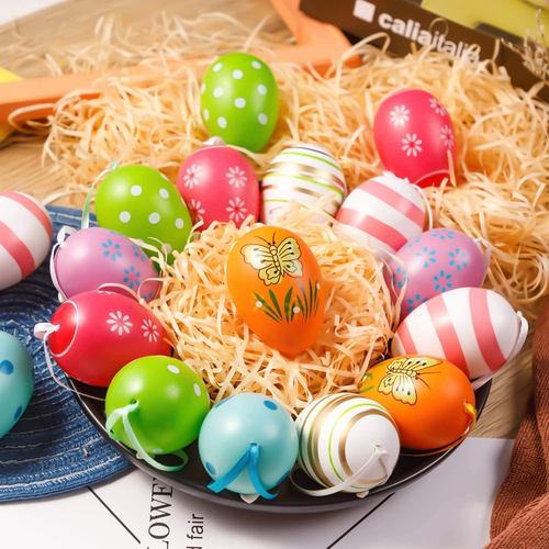 24 Pcs Easter Hanging Eggs, Multicolored Plastic Easter Egg Hanging Ornaments, D - Picture 4 of 12
