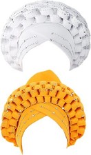 2 Pieces African Women Hats Turban Head Wraps One Size, Style A, Yellow white