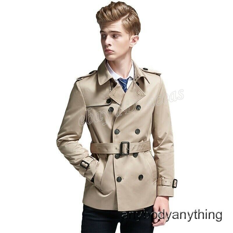 Men's British Style Double Breasted Slim Trench Coat Short Men's British Style Double Breasted Slim Trench Coat Short
