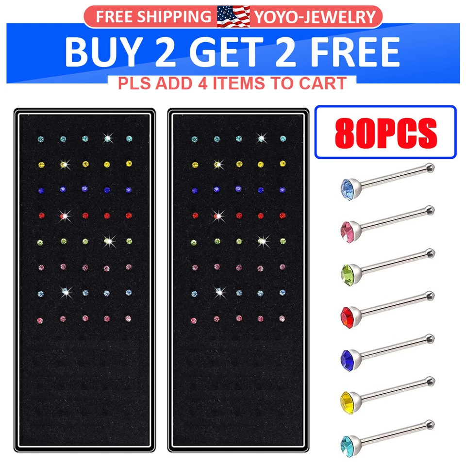 200 шт. кольца-гвоздики из хирургической стали для носа разноцветные кристаллы прямые костяные гвоздики 20 г - Изображение 2 из 4