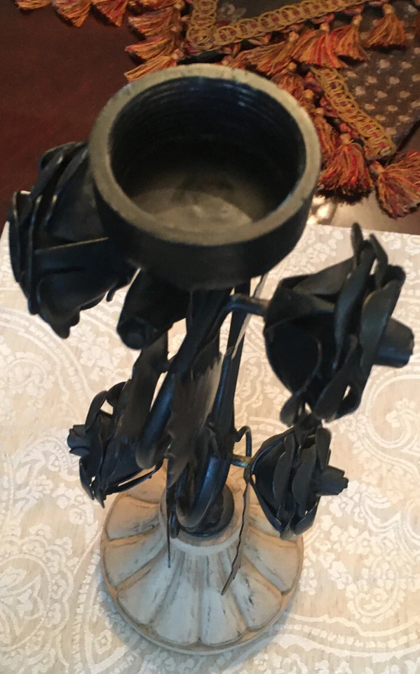 Iron Black Roses Candle Holder On A Wood Base Over 14” Tall And Heavy - Image 2 of 4