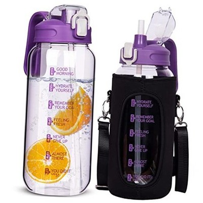 64 oz Motivational Glass Water Bottle with Straw & Time Marker Half Deep Violet