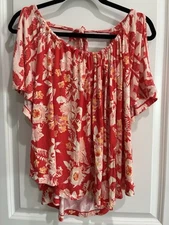 Free People Floral Crop Top, L Boho, Peasant Muted Red & Cream