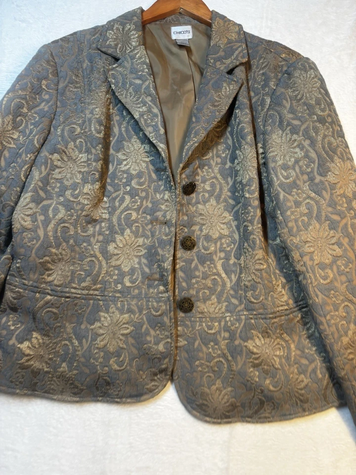 Chicos Golden Blues Ampere Jacket Suit Blazer Womens Size 3 Floral Lined Preppy - Image 2 of 4