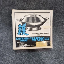 Vintage 12" Wok Set with Cookbook & Chopsticks Yans Variety Co. Made In Japan