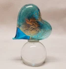 Vintage Murano Blown Glass Blue Heart Paperweight * 24kt Gold Patina